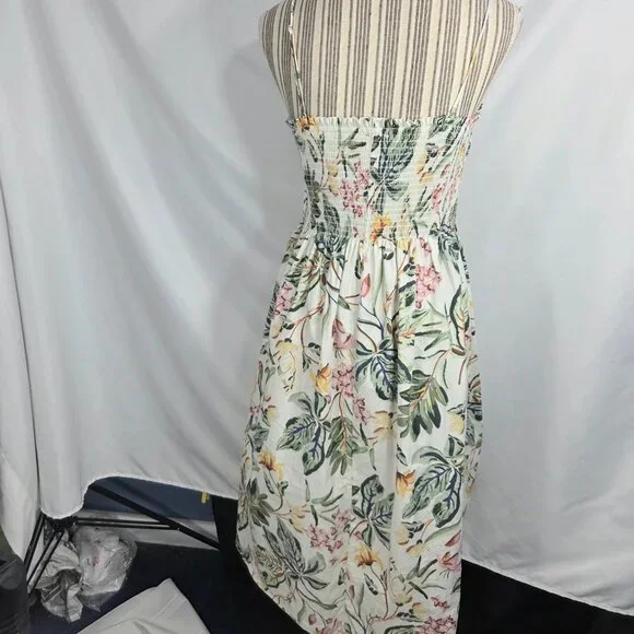 H&M White w/Multi Floral Print Removable Spaghetti Strap Smocked Top Dress Large - Picture 5 of 9